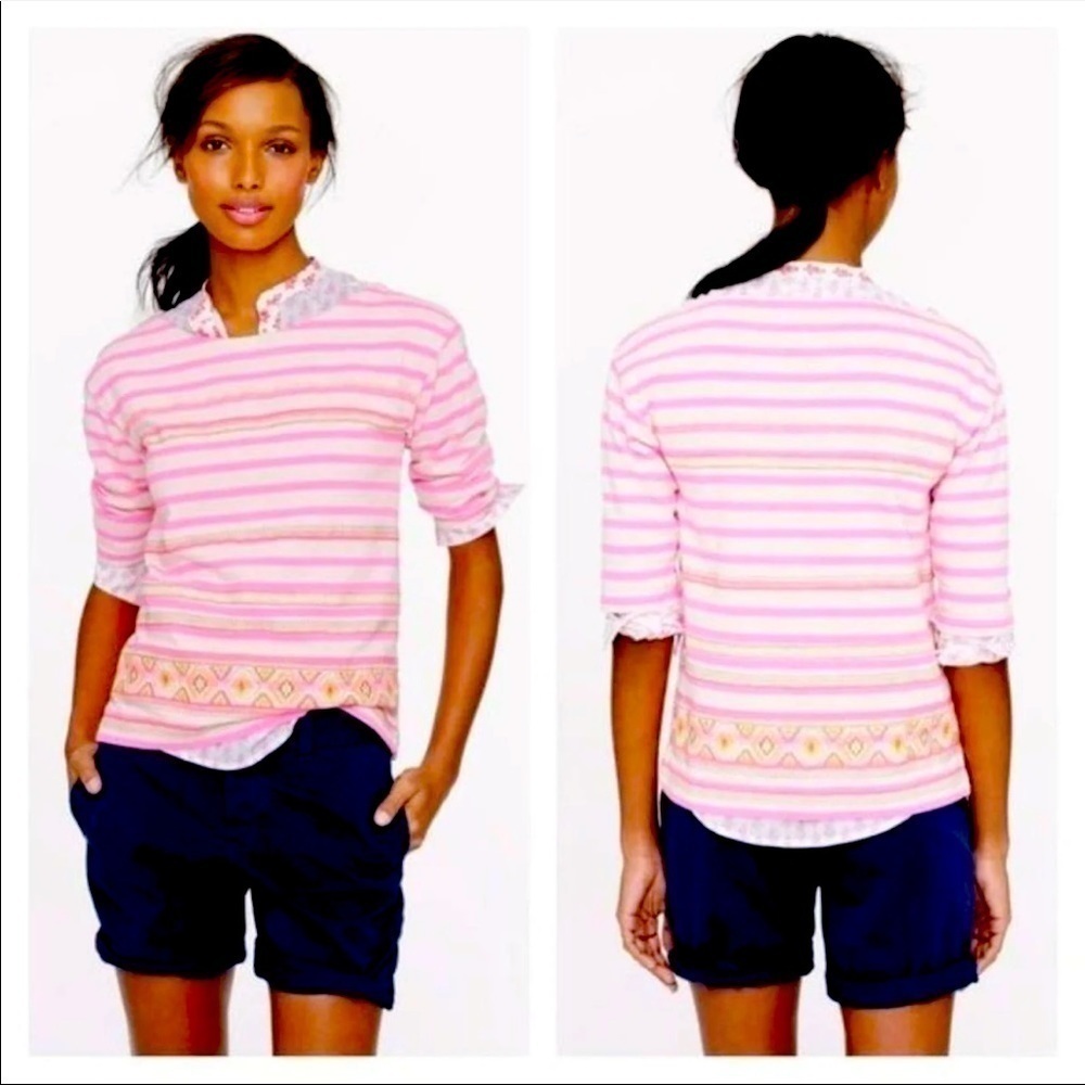 J. Crew Neon Pink Stichwork Stripe top Embroidery 100% Cotton Size M
